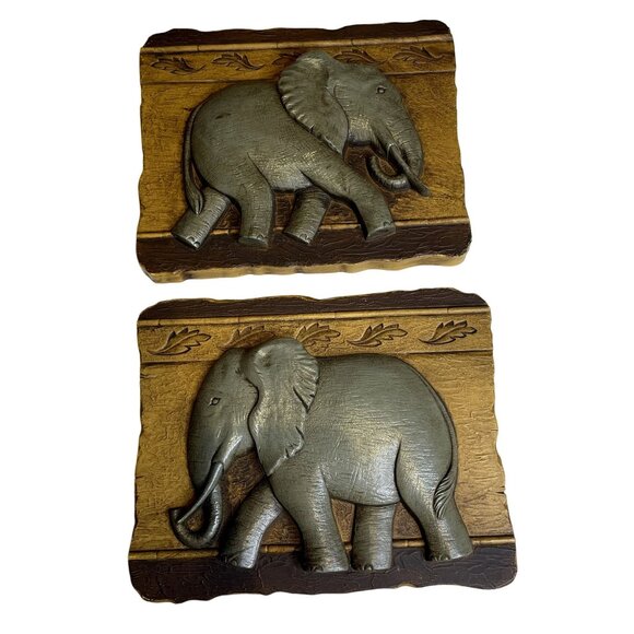 Set 2 Vintage Lucky Elephant African Wall Folk Art Hanging Plaque Retro Style u - Picture 1 of 4